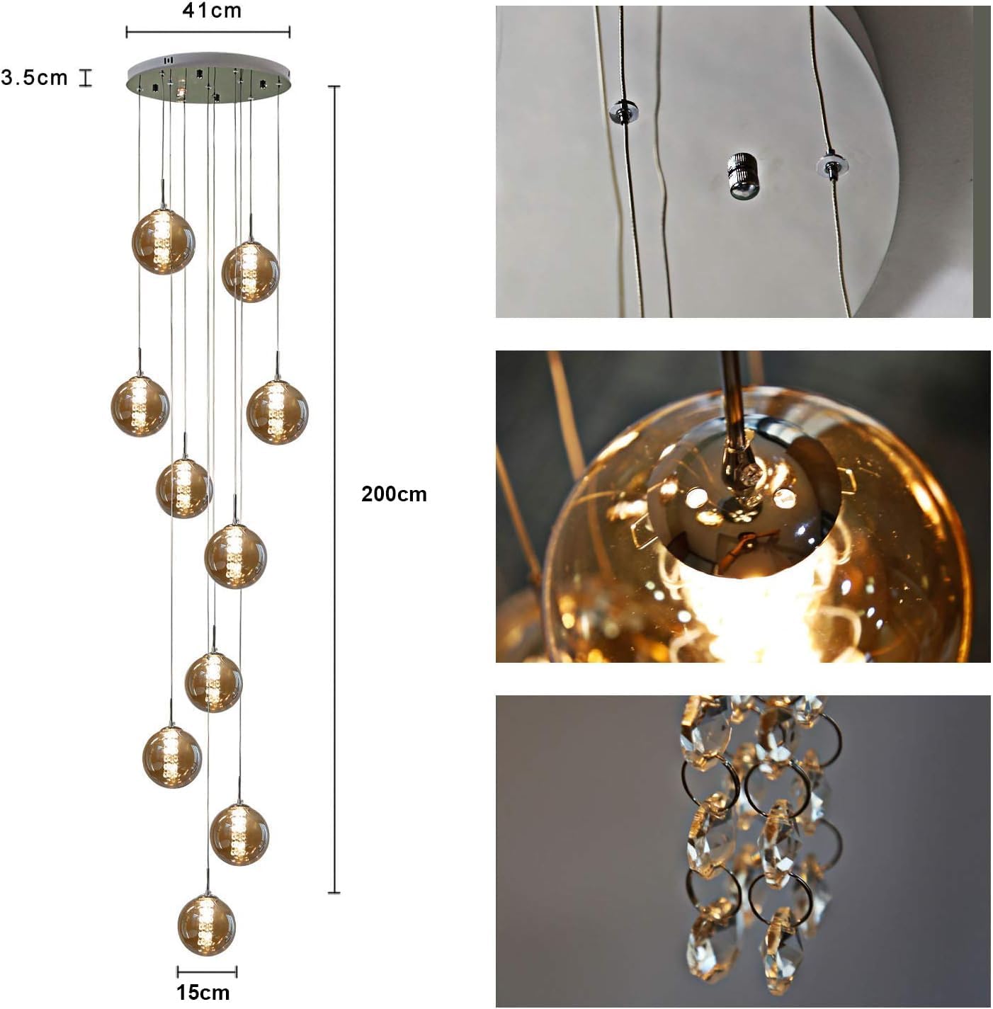 Pendelleuchte Wohnzimmer Pendellampe Modern - Treppenhaus Hängeleuchte 15 Flammig Hängelampe aus Glas 200CM Höheverstellbar Esstischlampe für Esszimmer Küche Esstisch Flur (Bernstein)