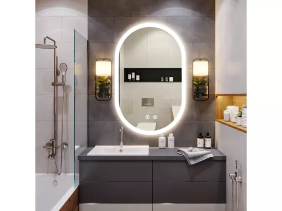 Miroir de Salle de Bain avec Eclairage LED 70x50cm,Verre Antidéflagrant Anti-Brouillard,Miroir Mural Ovale Interrupteur Tactile,3 Couleurs,6500k