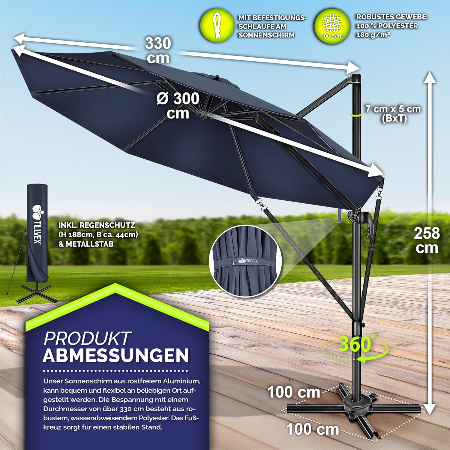 tillvex® Premium Alu Sonnenschirm 330 cm + Abdeckung & Windsicherung | Ampelschirm 6-Fach verstellbar mit Kurbel | Gartenschirm 360° Drehbar Neigbar Kippbar | UV50+ wasserdicht