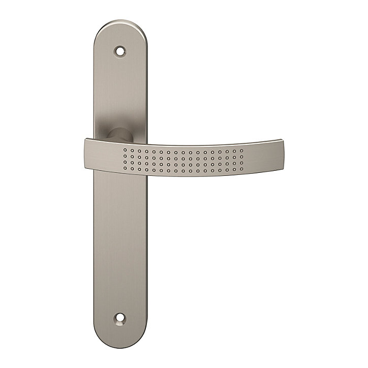 Ensemble poignée sur plaque rond GoodHome Diss effet nickel satin gris L.139mm x l.40mm entraxe 195mm