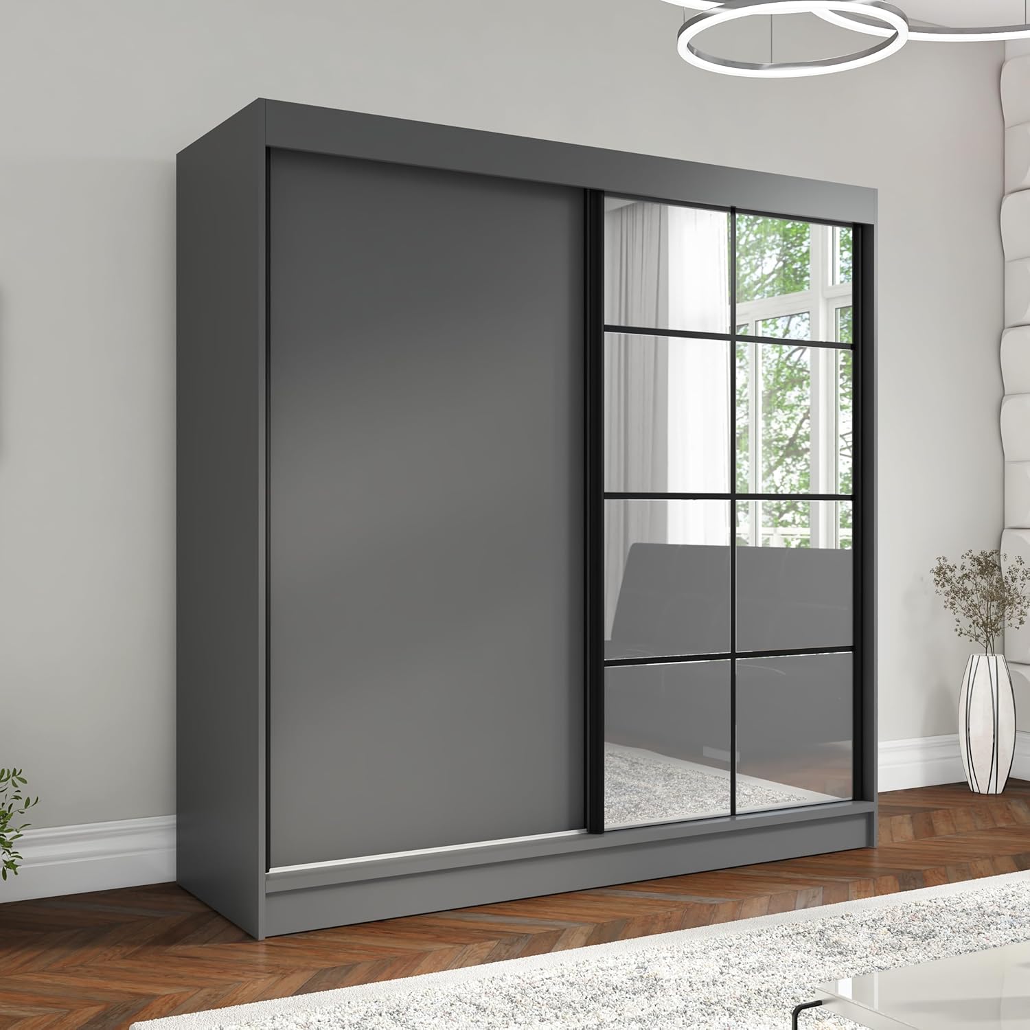 A&J MöbelLand Schwebetürenschrank TAVIRO Kleiderschrank 2-türig mit Schubladen und Spiegel, Garderobe 200 cm (Graphit)