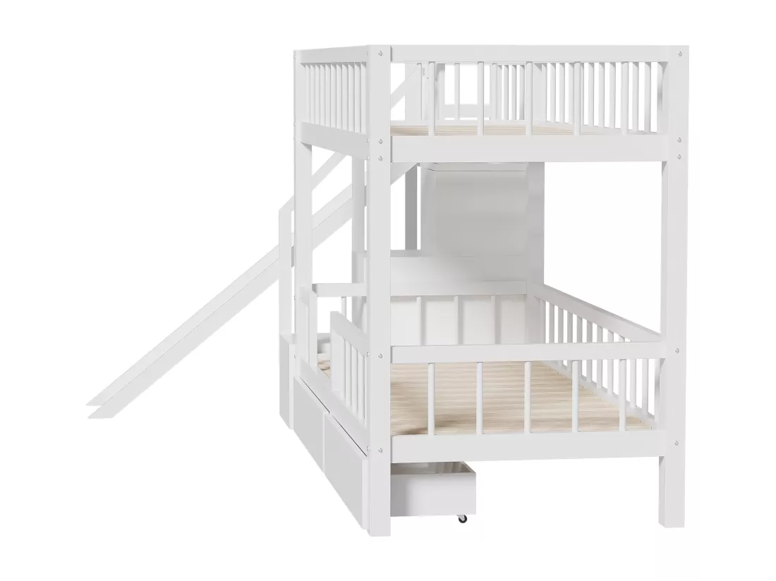 Lits superposés 2 x 90 x 200 cm avec 2 tiroirs et toboggan - bois massif - blanc