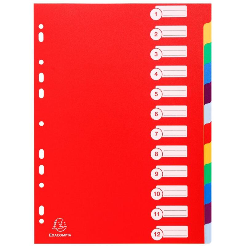 Intercalaires polypropylène opaque semi rigide 12 positions - A4 - Couleurs assorties