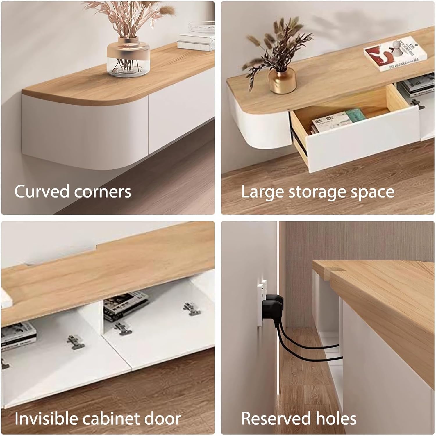 Kroscro Tv Schrank Hängend Multifunktionaler TV-Schrank aus Holz Tv Cabinet for Living Room Fernsehkommode mit Stauraum Geeignet für Wohnzimmer, Schlafzimmer (Holz+Weiß, 160cm/63in)
