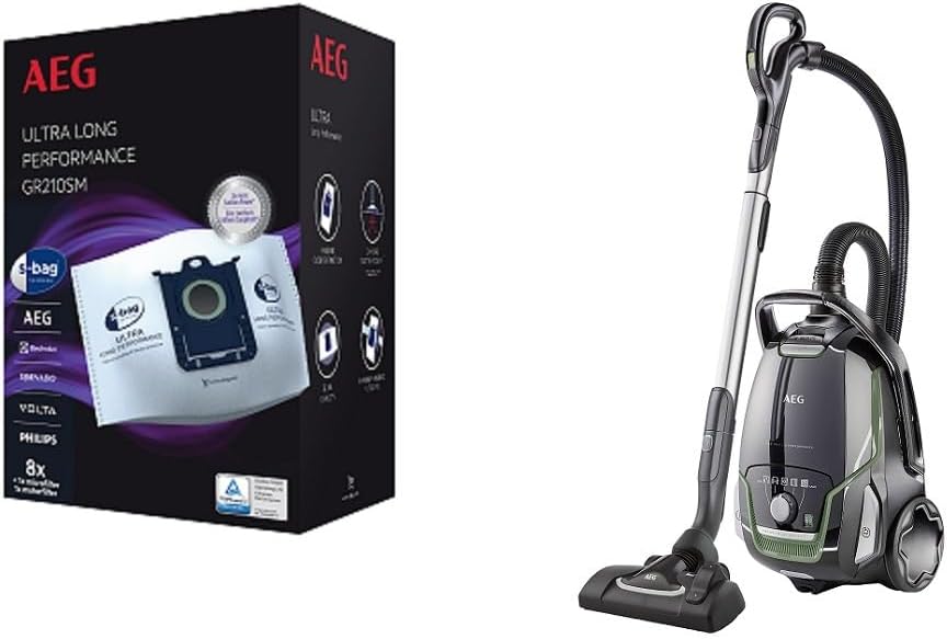 AEG VX9-2-ÖKO Staubsauger mit Beutel + GR210SM Staubbeutel (70% Recyclingmaterial, Zusatzdüsen, 850 Watt (max.), 65 dB(A), 5l Beutelvolumen, 8 Staubbeutel, 1 Motorfilter, 1 Mikrofilter)