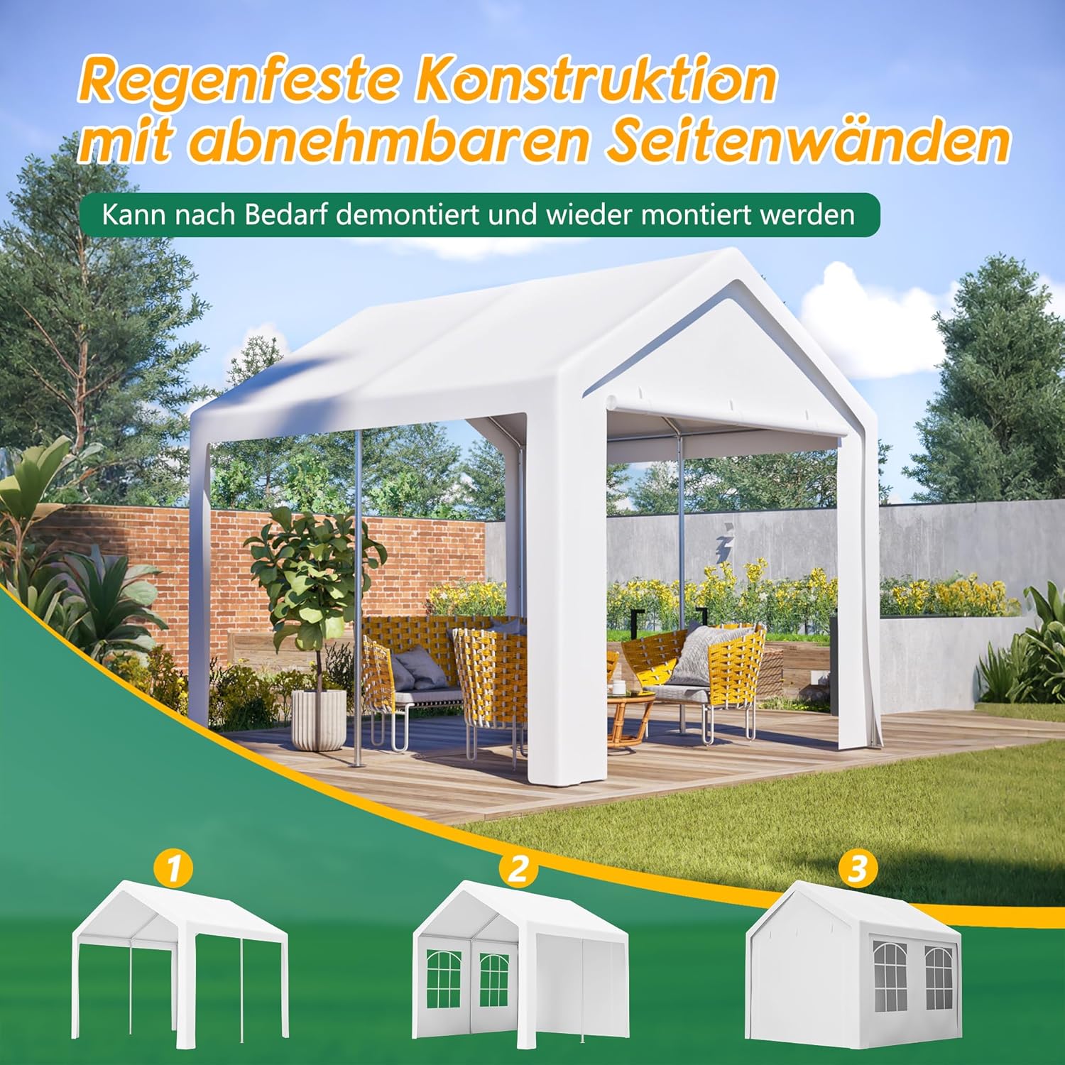 Pavillon 3x3 Meter Premium Winterfest Partyzelt mit Seitenwände, Wasserdicht Stabil Gartenpavillon Gartenzelt, UV Schutz Outdoor Festzelt Carport, Weiß