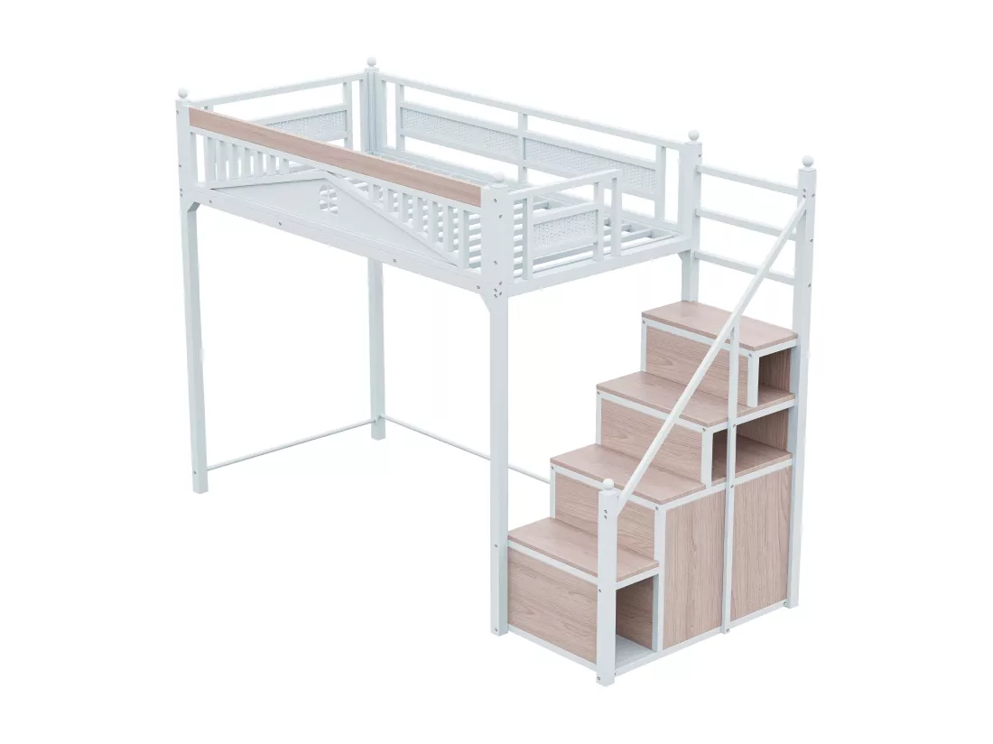 Lit mezzanine en métal 90x200cm - avec échelle de rangement - Blanc (matelas non inclus)