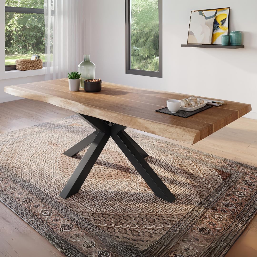 Esszimmertisch 220x100 cm, Akazienholz massiv, Tischplatte naturfarben, echte Baumkante, Spider Gestell schwarz, Baumkantentisch