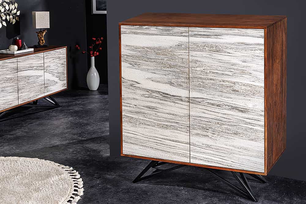 Massivholz Highboard MOUNTAIN SOUL 120cm echter Naturstein weiß Akazie Schrank Marmor-Design
