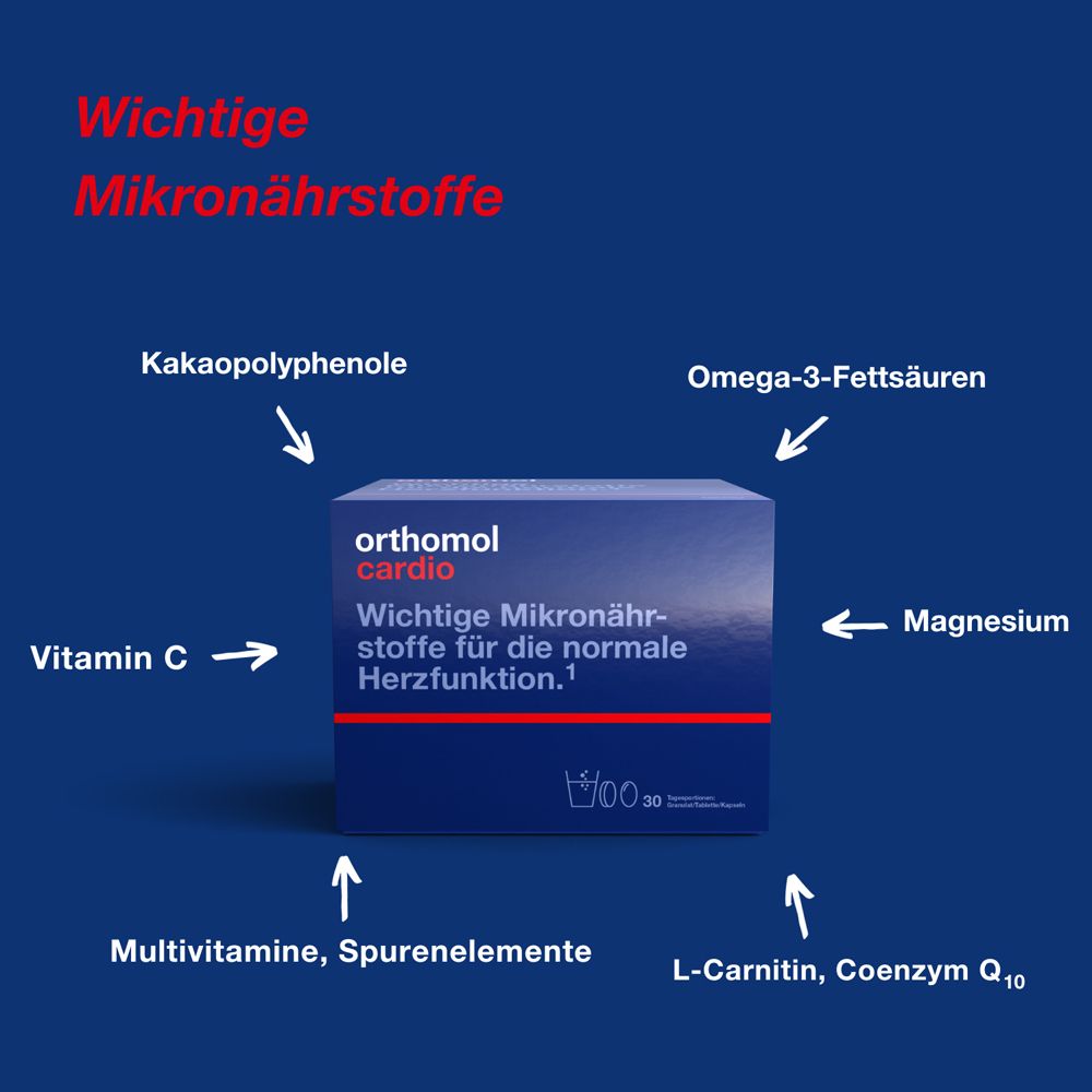 Orthomol Cardio - unterstützt die normale Herzfunktion, mit Magnesium, Omega-3-Fettsäure, Vitamin D - Granulat/Tabletten/Kapseln
