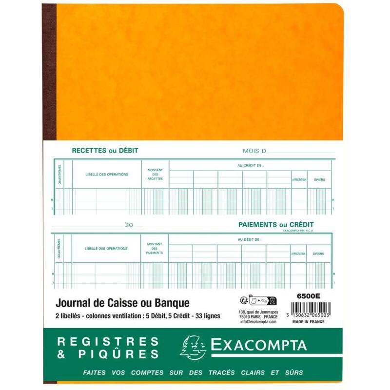 Piqûre 32x25cm Journal de caisse ou banque 5 débit - 5 crédit 33 lignes 80 pages