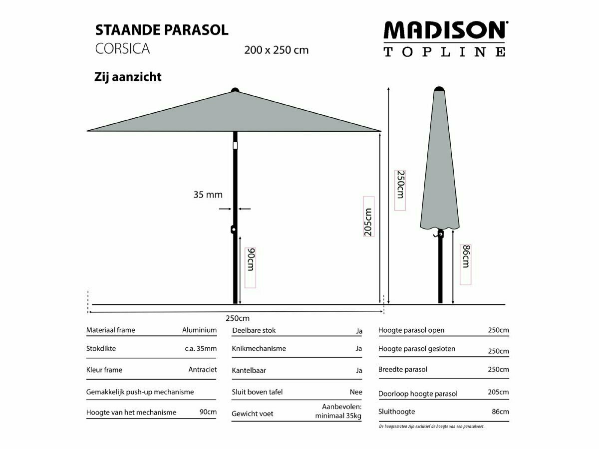 Madison Corsica 200 x 250 push-up parasol - Grey