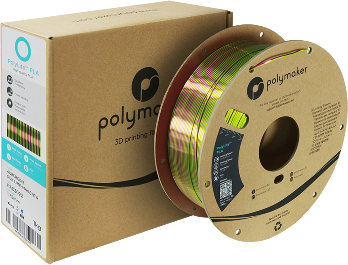 Polymaker  PolyLite Dual Silk PLA Aubergine Lime-Magenta, 1,75 mm / 1000 g    Zweifarbiges PLA-Filament mit seidigem Finish