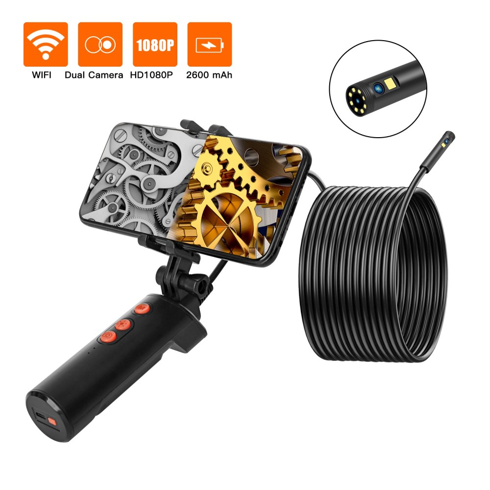 (10m) Wasserfeste Wifi Endoskopkamera 9-LED Inspektionskamera FullHD 1080p IP68 (iOS/Android) mit Handy Halterung - Schwarz / Orange