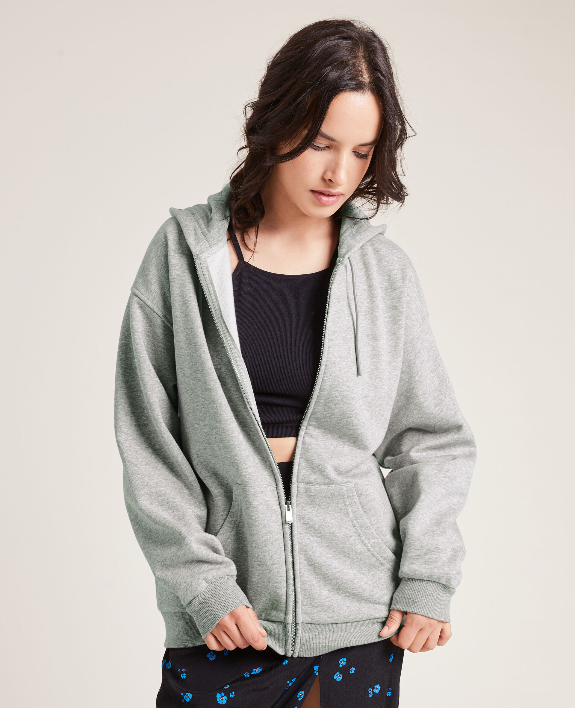Sweat zippé avec capuche - Gris chiné