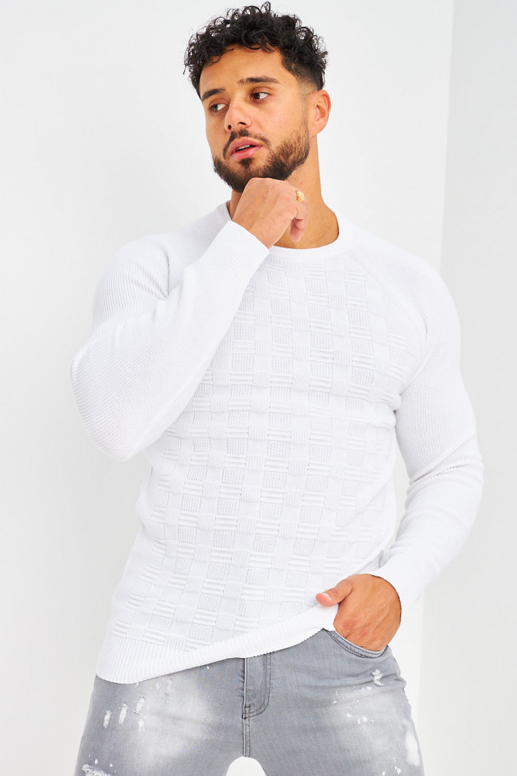 Pull en maille blanc effet quadrillé en relief