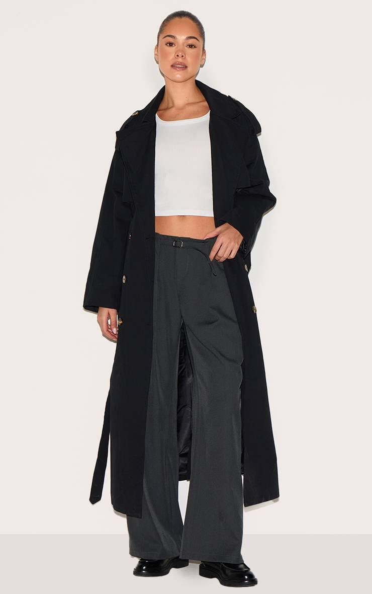 Noir Trench-coat Ceinturé À Double Boutonnage