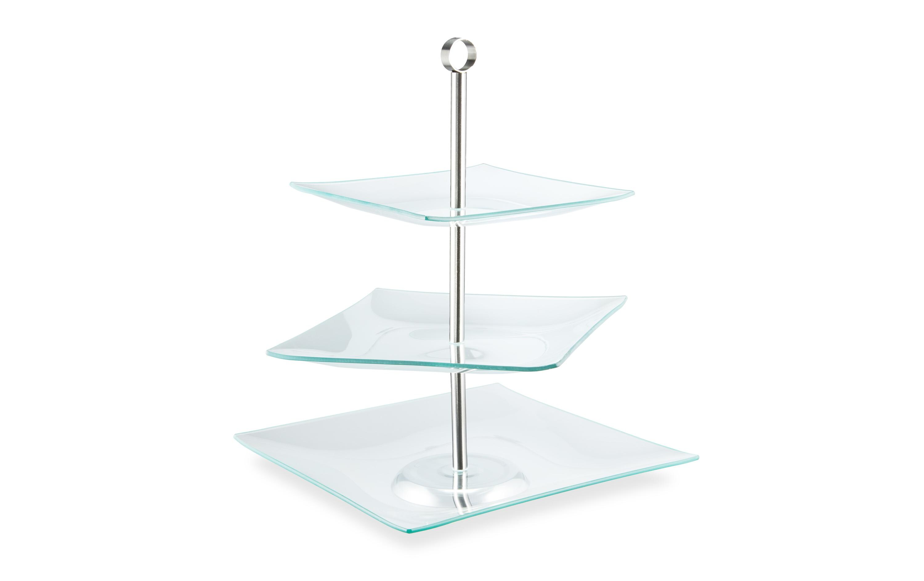Etagere eckig, 3-stufig, Silber/TransparentServierständer aus Glas und Edelstahl
