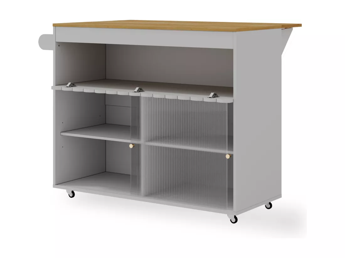 Ilot central de cuisine mobile avec 2 portes coulissantes - plateau extensible - 122x46/69x91 cm - Bois MDF - Gris + naturel