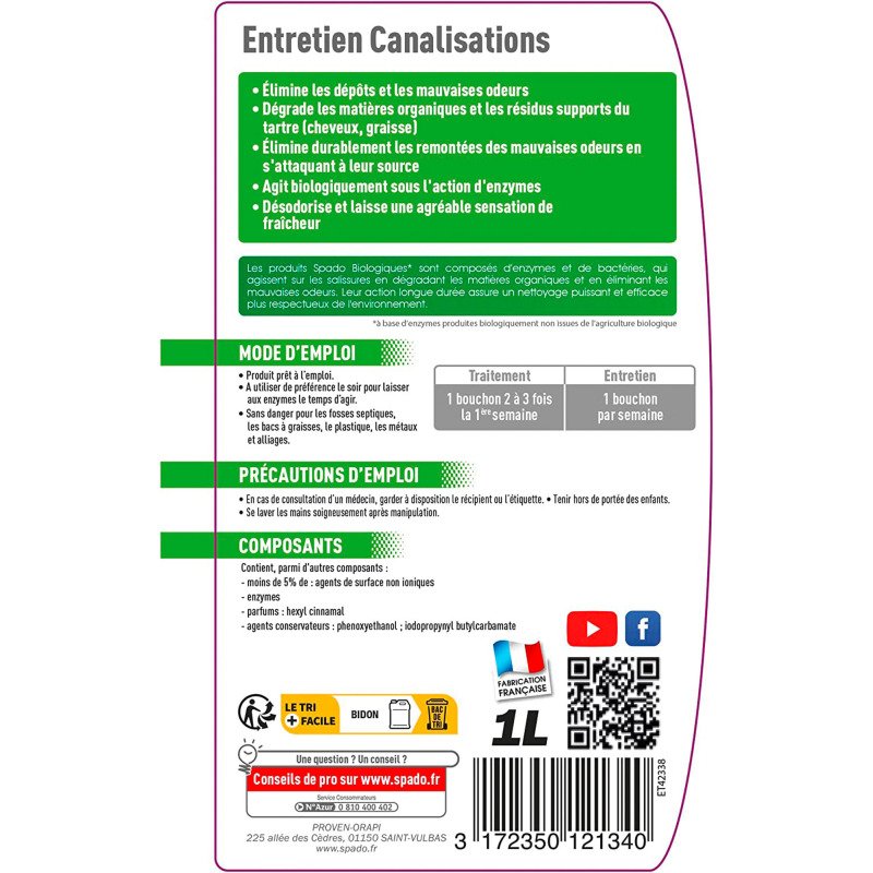 Entretien canalisations Spado biologique - Flacon de 1 L