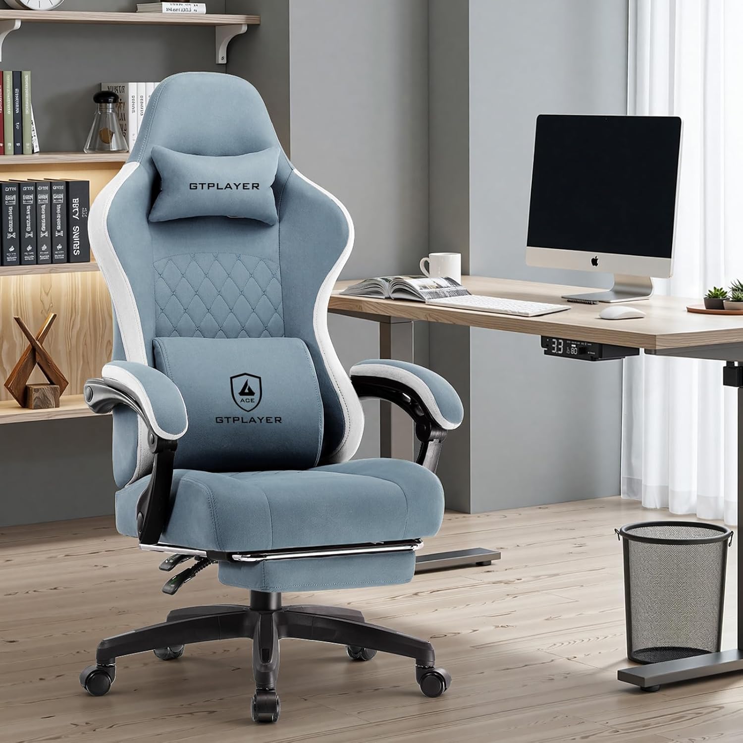 GTPLAYER Gaming Stuhl Ergonomischer Gaming Sessel Schreibtischstuhl mit Stoffoberfläche, Federsitzkissen, Verbindungsarmlehnen und Fußstütze Hellblau