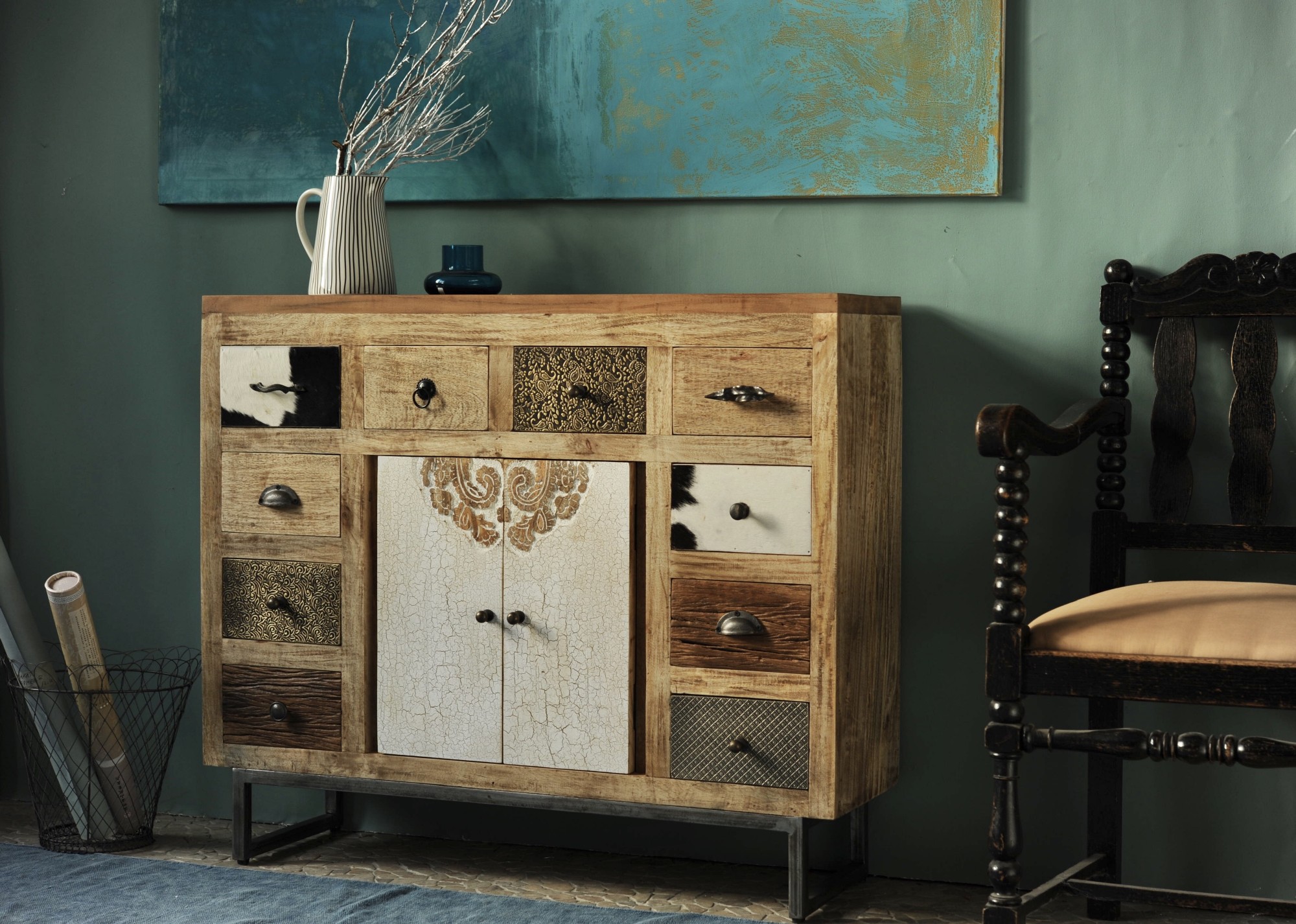 Sideboard 'Beaucoup', braun, schwarz, weiß, B 108 cm, H 91 cm, T 31 cm von fischer's lagerhaus