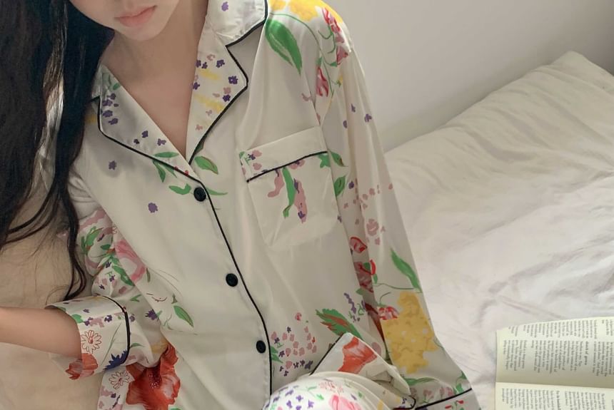 GOUB - Pyjamaset: overhemd met lange mouwen en bloemenprint + broek