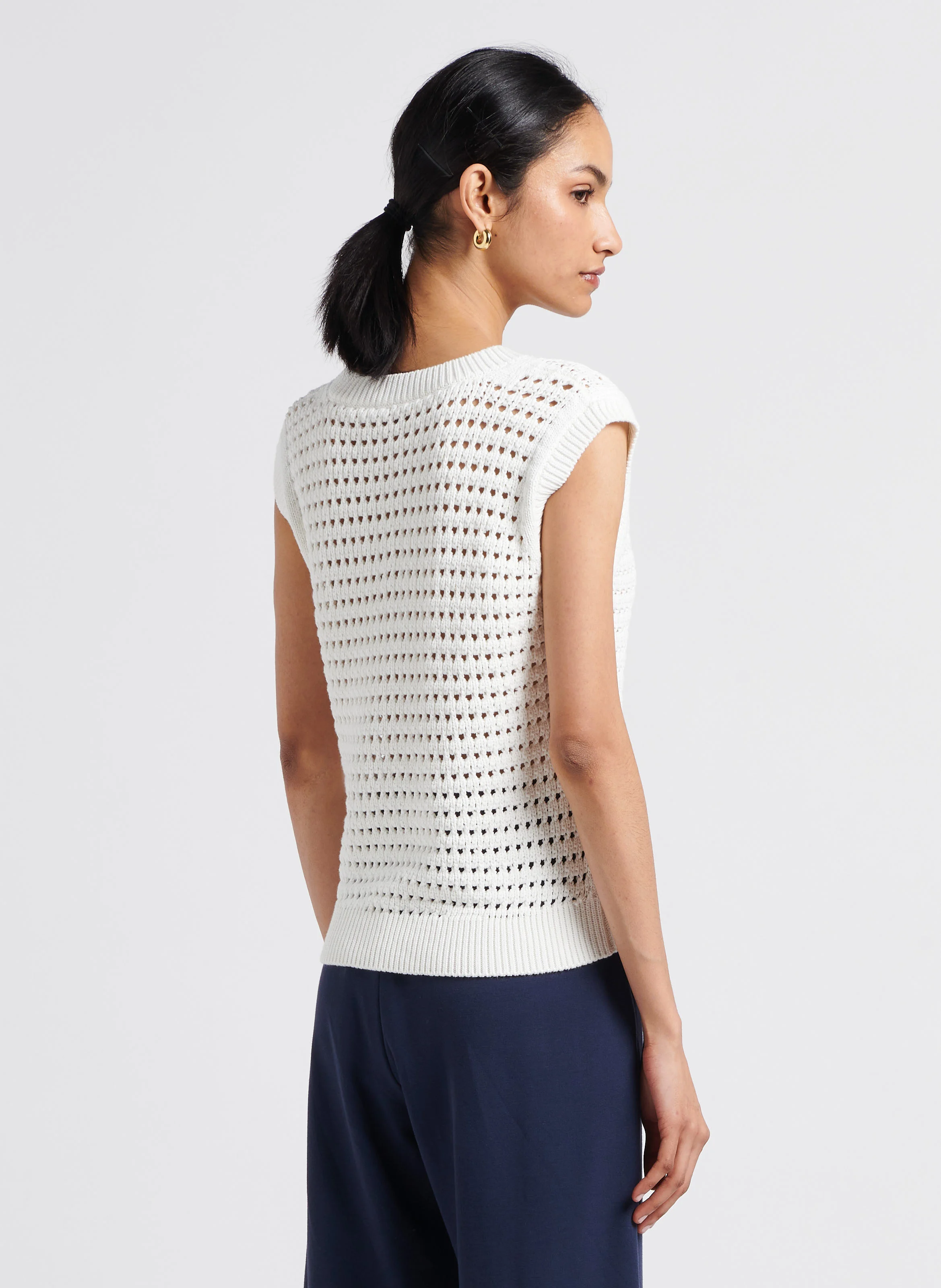 PALCO - Pull sans manches col V ajouré en coton mélangé | Blanc