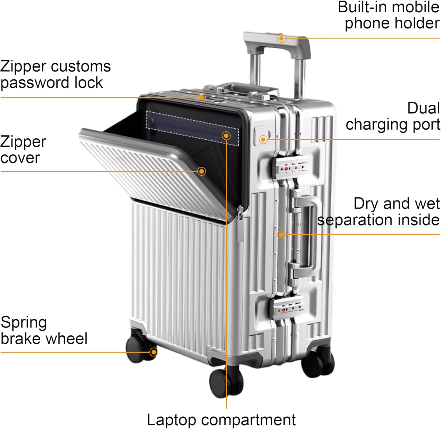Handgepäckkoffer für Frühjahr/Sommer, fluglinienzugelassen, mit TSA-Schloss, 360°-Rollen, PC-Hartschale und druckfestem Aluminiumrahmen, passend für 20'', 24'' und 26''. (20‘’, Silber)