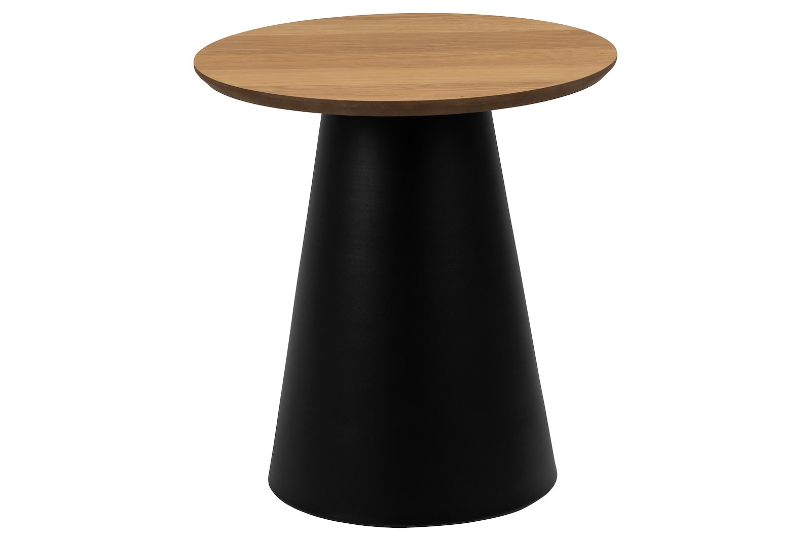 Soli Sofabord Ø45cm. Lakkert eikefinér topp og søylebase med matt sort pulverlakk.