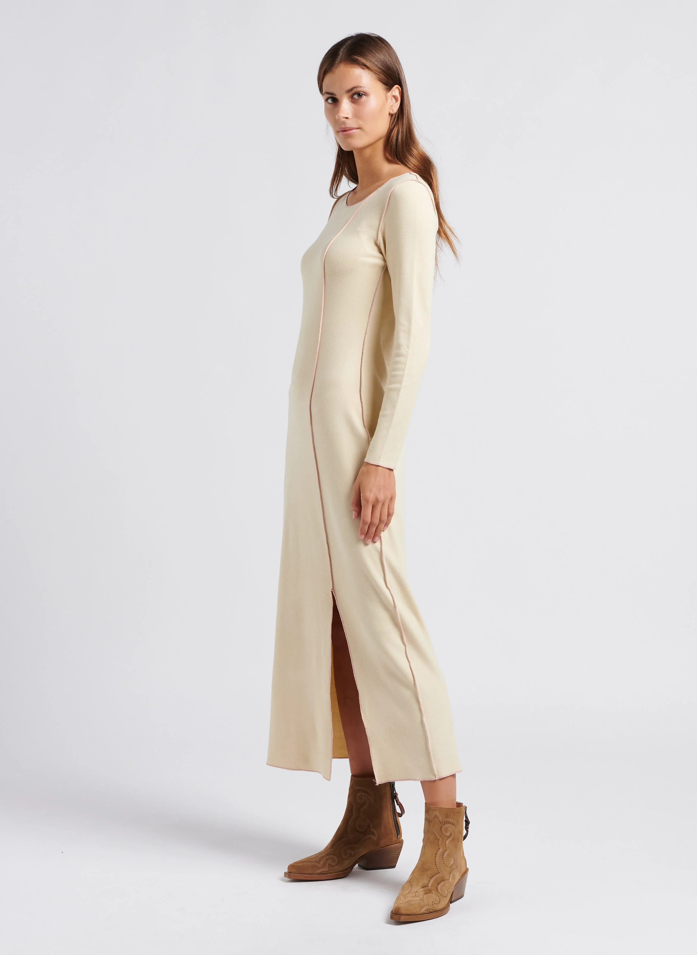 IDA - Robe longue droite à col rond | Beige