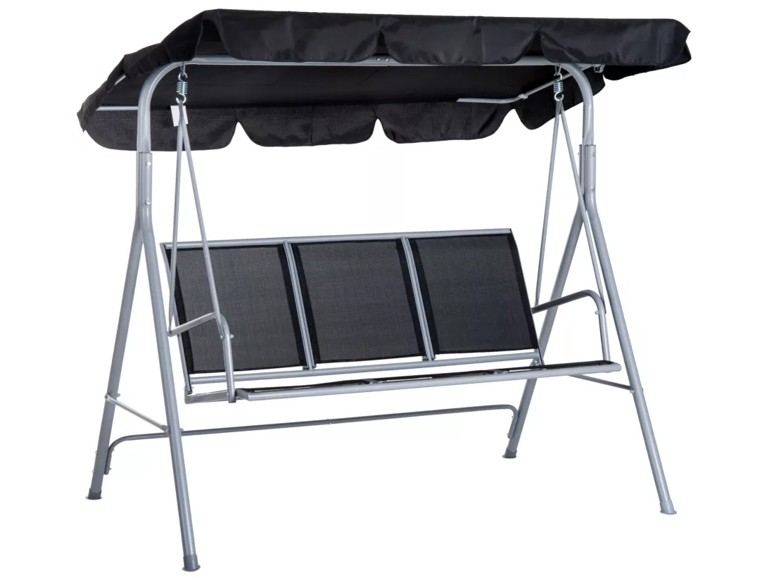 Balancelle de jardin 3 places grand confort toit imperméabilisé inclinaison réglable assise et dossier ergonomique acier textilène noir