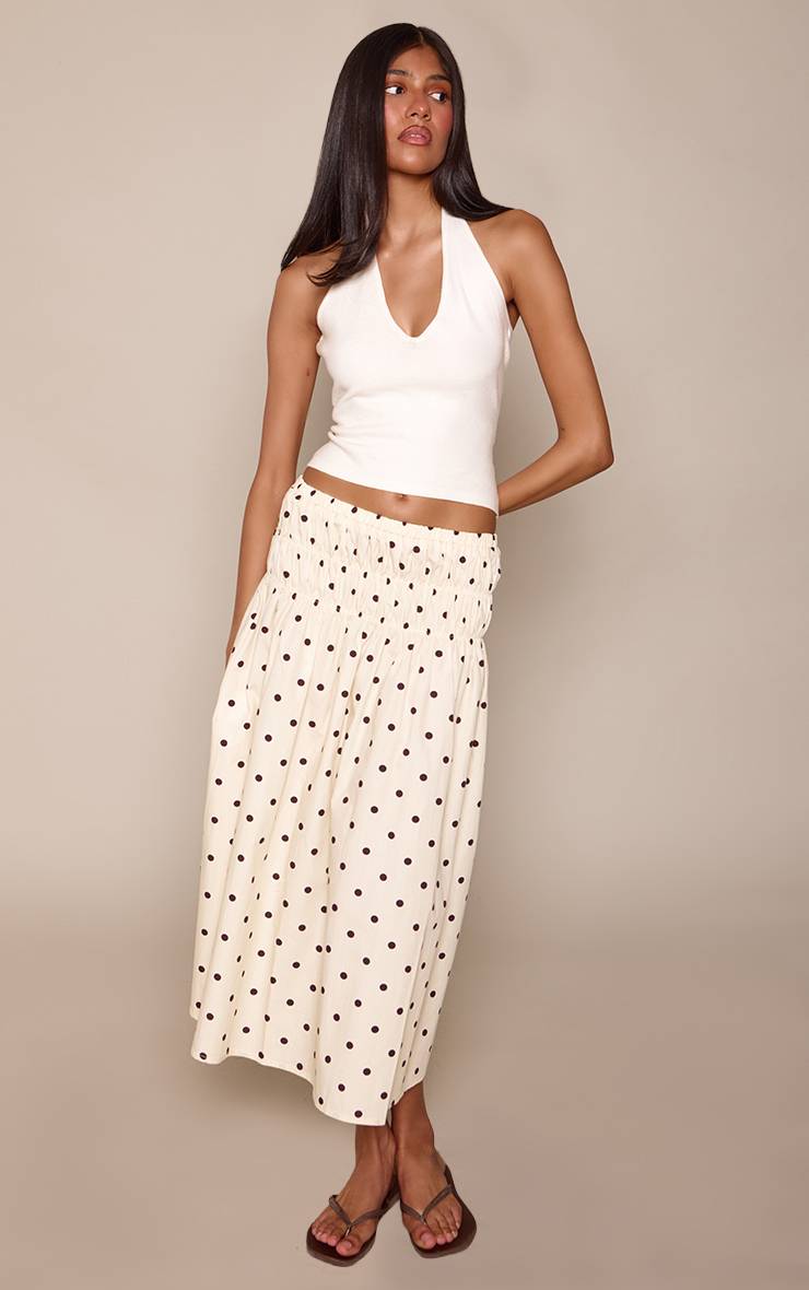 Citron Jupe Midi Taille Basse Froncée En Coton À Pois
