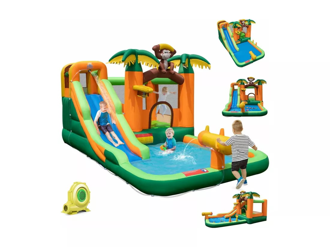 Château Gonflable Tropical à Thème Singe & Palmier avec Toboggan Aquatique, Maison de Saut Gonflable avec Piscine & 50 Boules, Charge 90kg pour 2 Enfants de 3-10 Ans（avec souffleur 680W