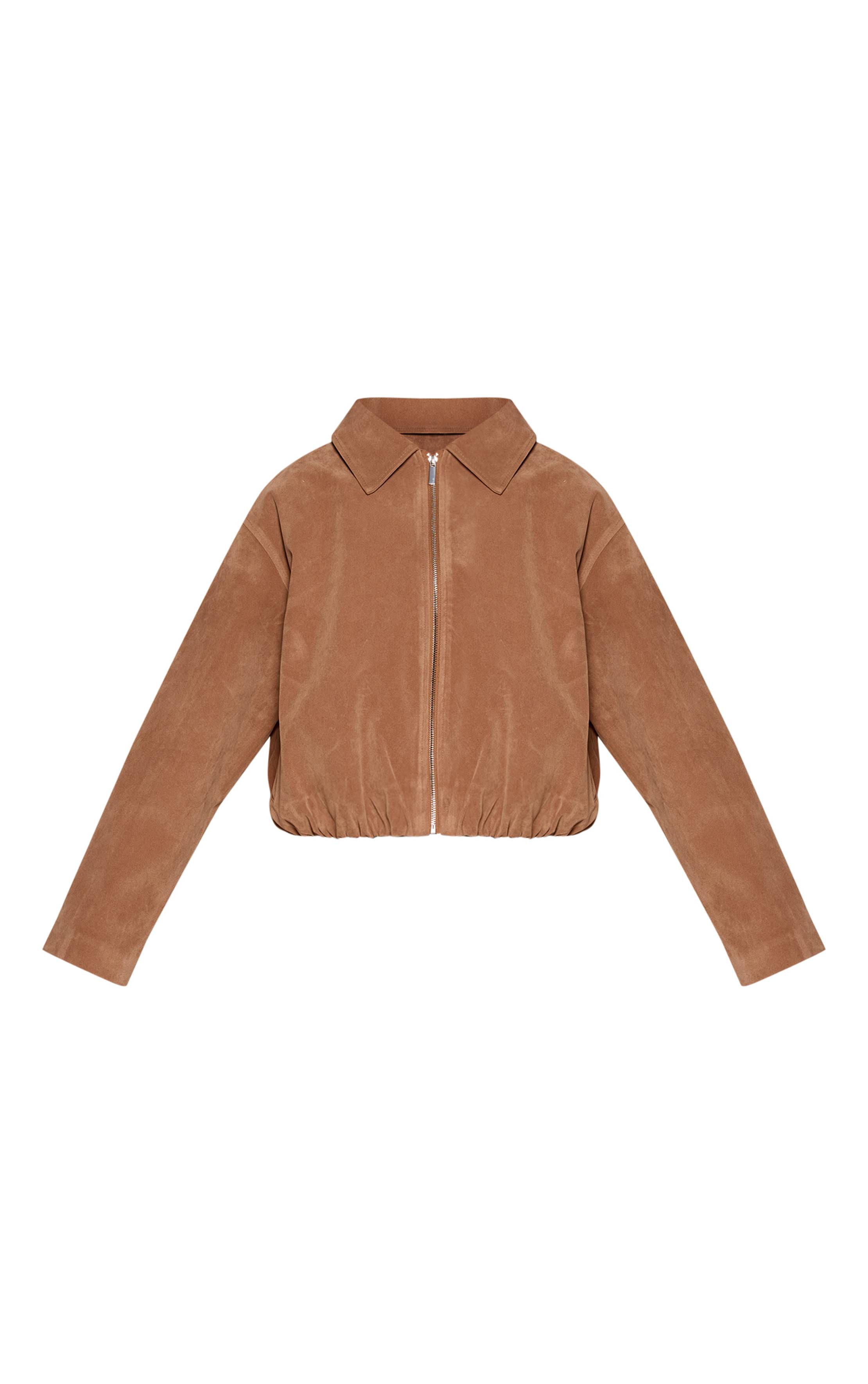 Marron Veste En Daim Zippée À Ourlet Froncé