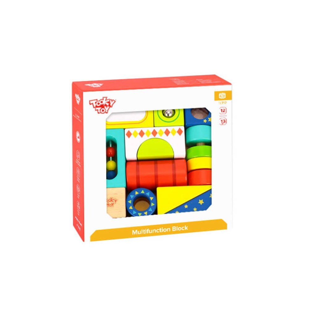 Tooky Toy Kinder Holzbausteine TL717 Buchenholz, 13 Bausteine, Aufbewahrungsbox bunt