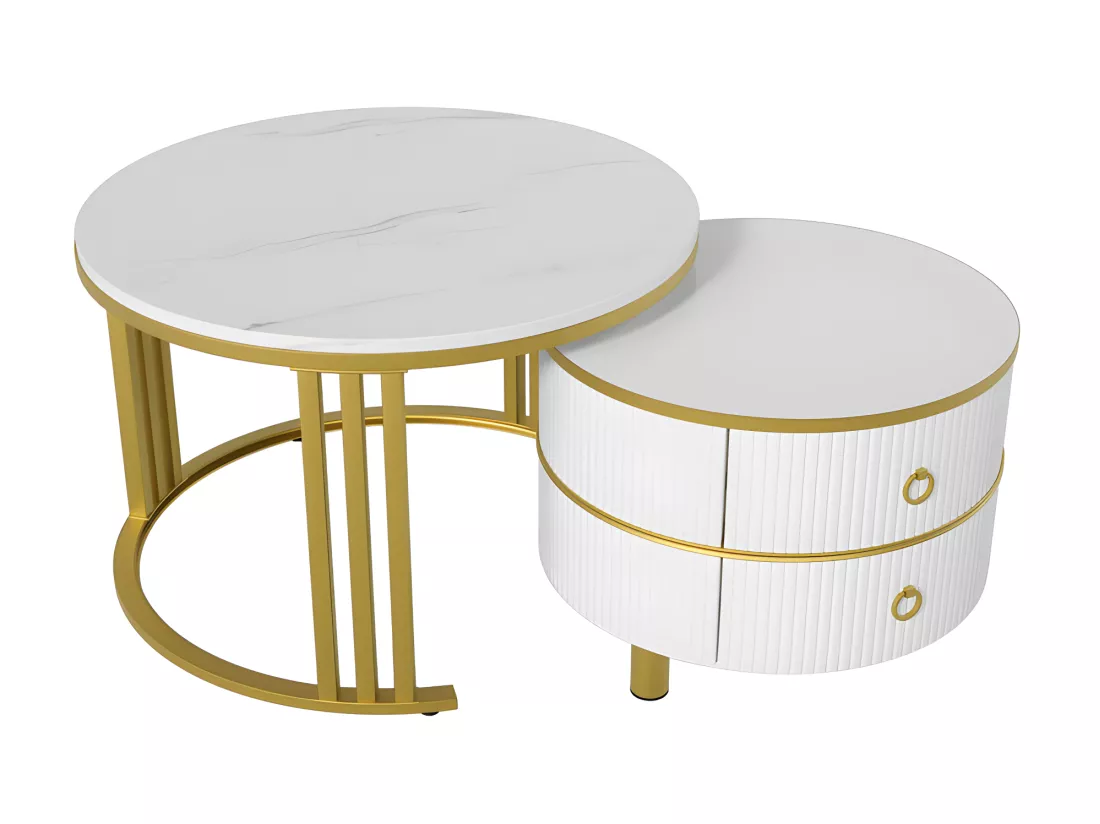 Lot de 2 tables basses gigognes avec 2 tiroirs - plateau à motif de marbre - Doré & Blanc
