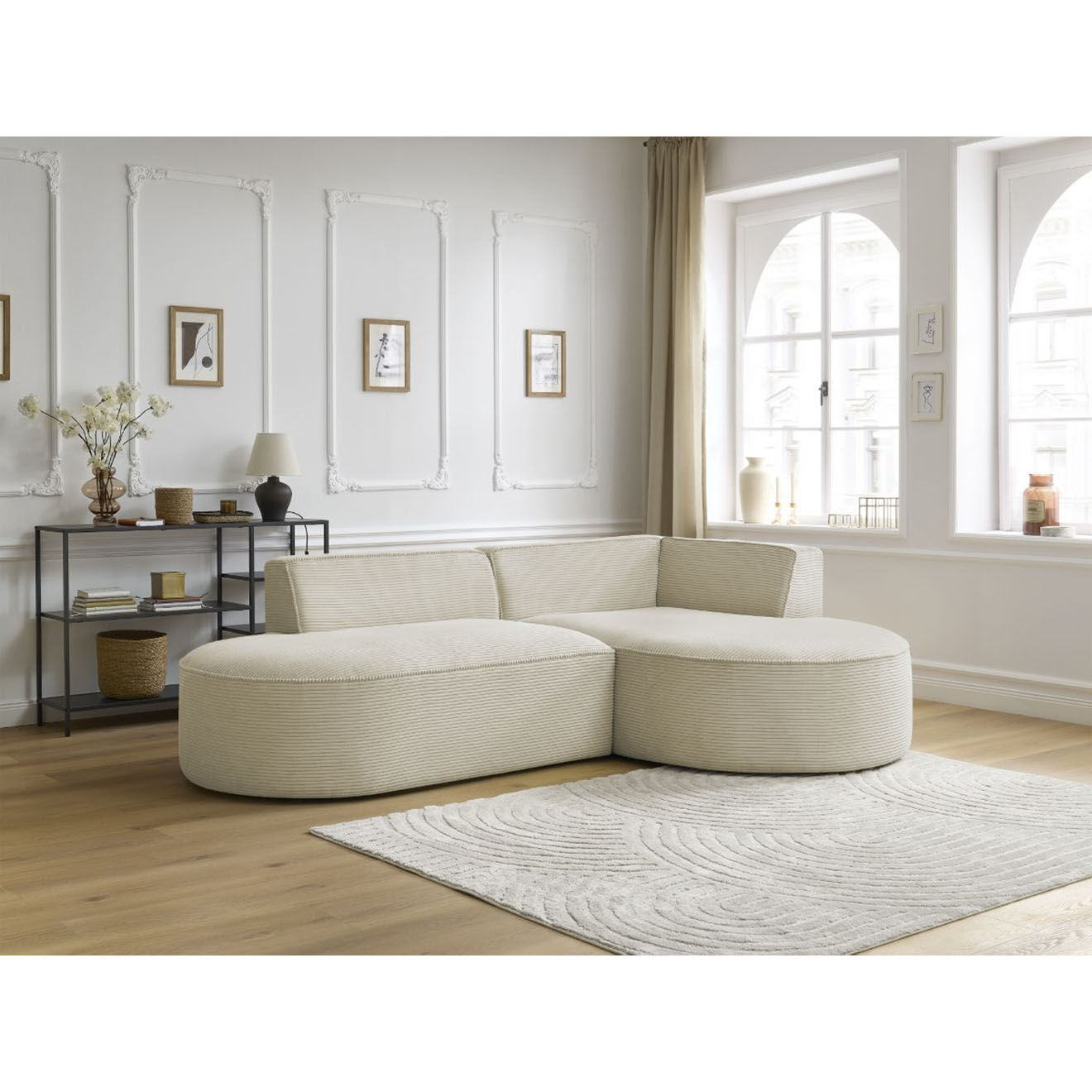 Bobochic Canapé d'angle droit fixe 4 places Rousseau texturé beige - 250x160x72 cm