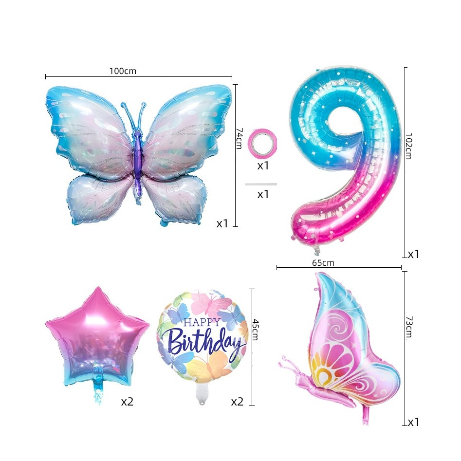 (7-tlg. Set) Zahlen Ballon Kinder Geburtstags Party Folienballon - Zahl 9 / Schmetterling
