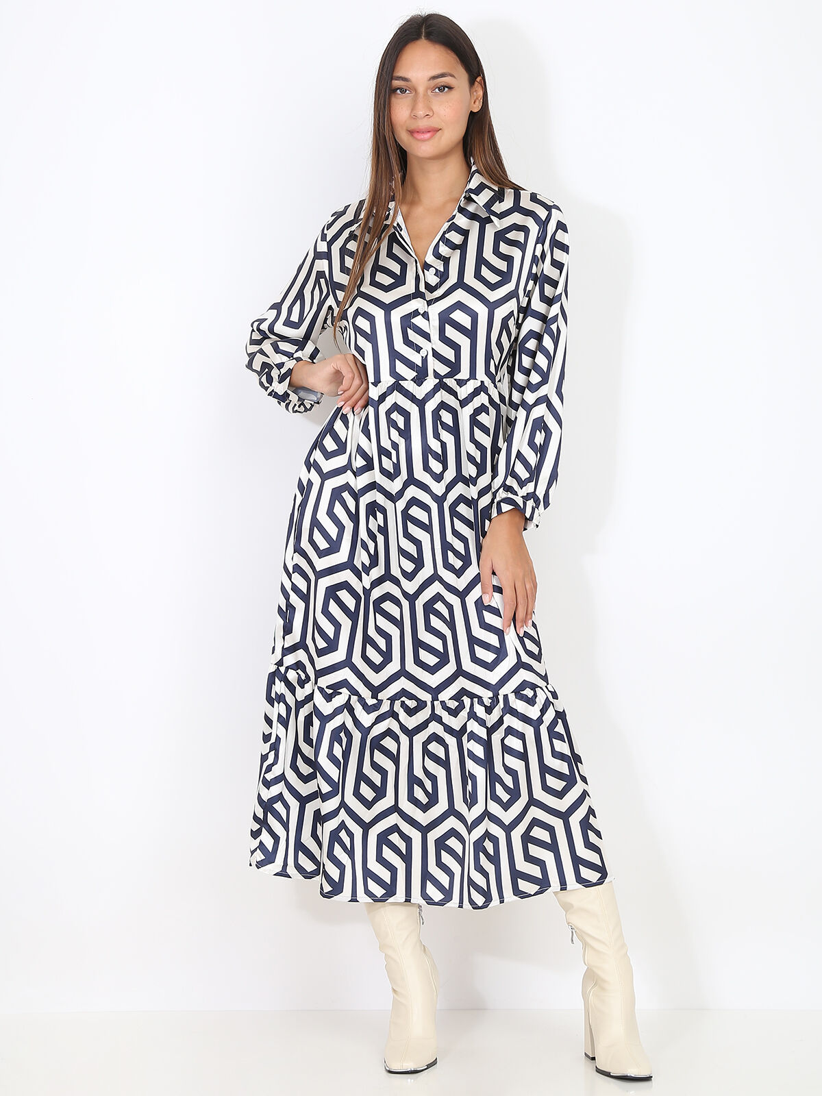 Robe longue évasée à motif rétro- Bleu marine