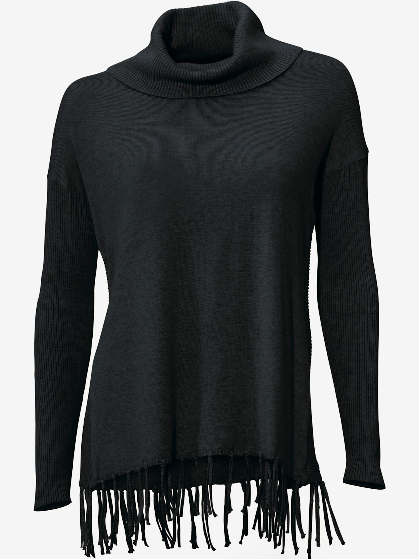 Pull col roulé style poncho tendance avec franges