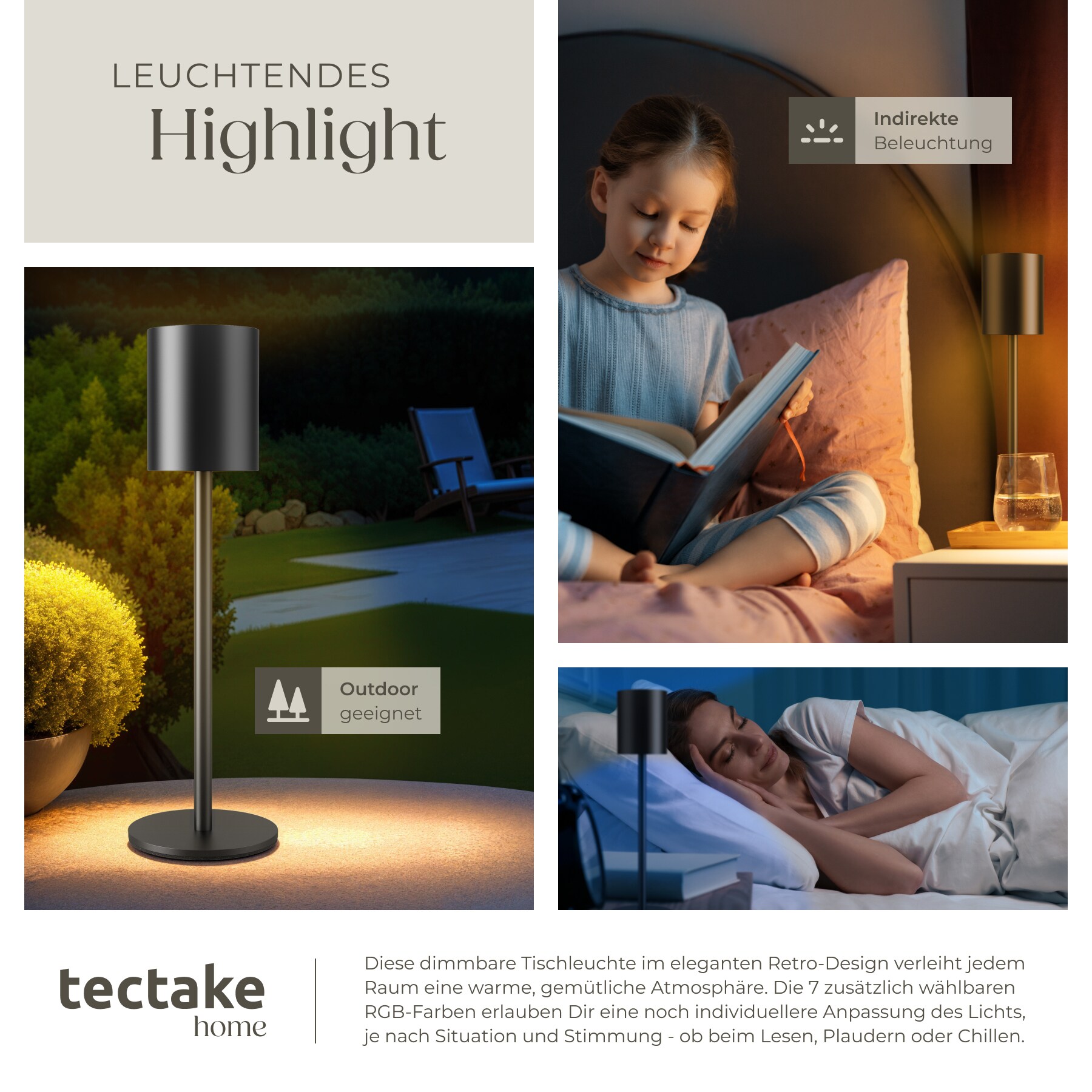 tectake® Akku-Tischlampe, Retro-Design, LED, 5 W, Touchpanel, inkl. Ladekabel, 10 x 37 cm