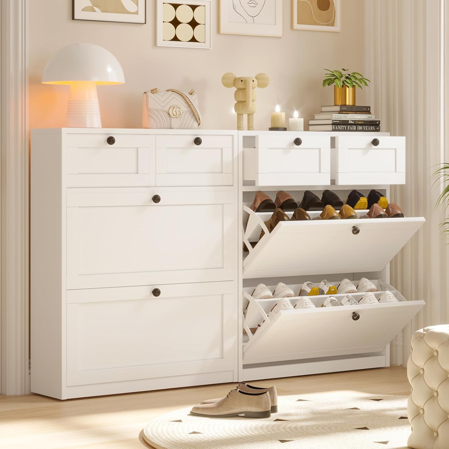 VOWNER Schuhschrank mit 2 Klappfächer, Schuhregal Schuhkipper Schmal, mit 4 Fächern, Schuhschrank Weiss, Verstellbar, Anti-Kipp-Vorrichtung für Eingangsbereich, Flur, 80 x 24 x 100 cm (Weiss)