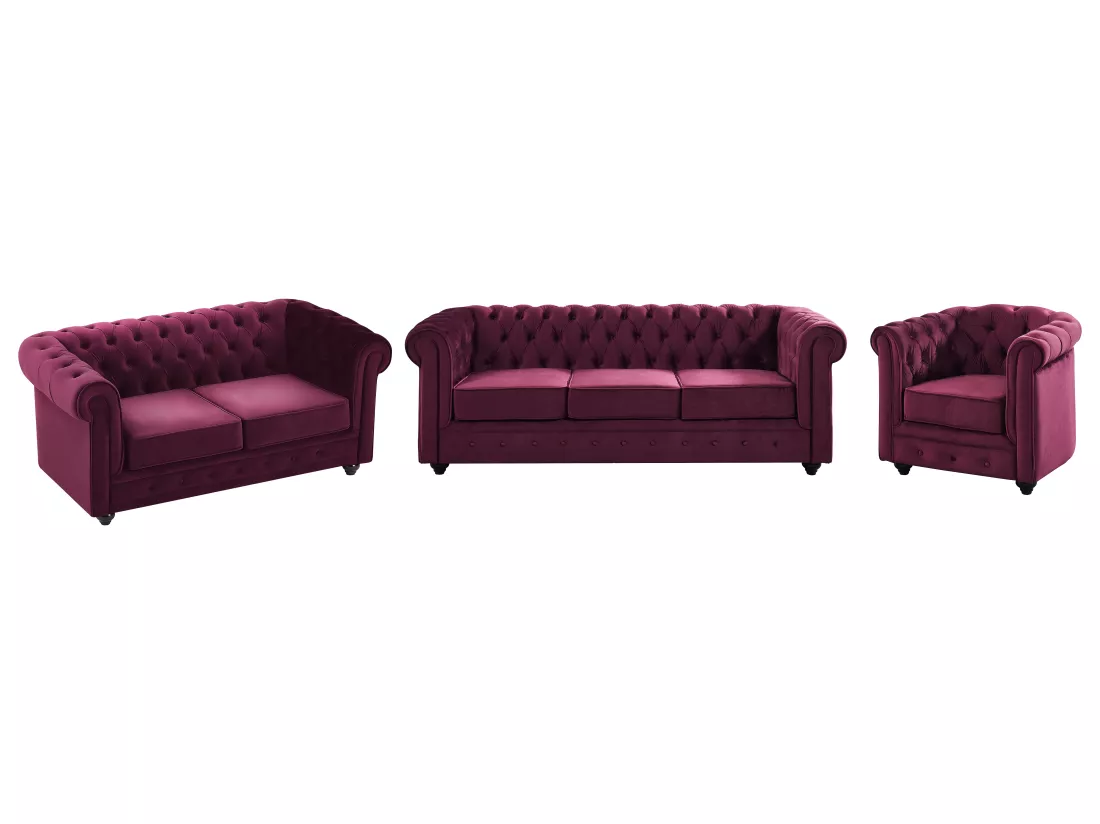 Canapés 3 places, 2 places et fauteuil en velours pourpre CHESTERFIELD
