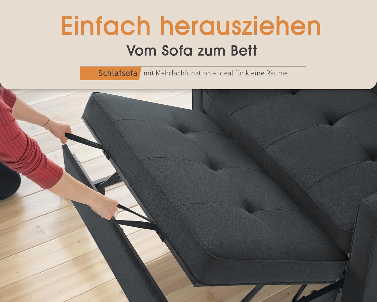 Schlafsofa 186 x 122 cm mit 5-stufig Verstellbarer Rückenlehne, 3-in-1 Schlafcouch mit Kissen und Seitentasche, graues Leinen-Sofa für Gästezimmer & kleine Räume