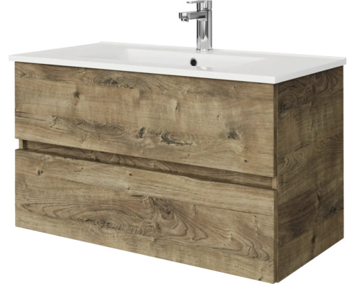 Pelipal Napoli badkamermeubelset (B x H x D 90 x 53,5 x 46,5 cm), frontkleur eiken ribbeck, met keramische wastafel in wit, SET-150-041