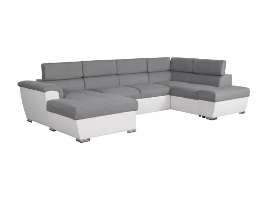 Canapé panoramique convertible avec 2 coffres Paola en tissu et simili - Blanc/Gris - L320,5 x P188 x H76cm - Loungitude