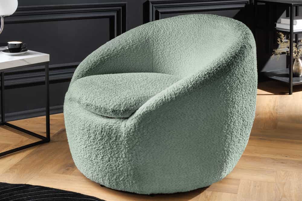 Drehbarer Design Sessel ALPINE salbei Bouclé 360° mit Armlehnen