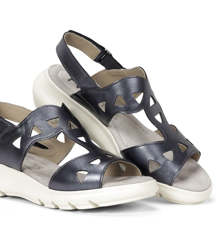 Sandálias Fluchos Lua em couro azul-marinho - Salto plataforma de 5 cm -