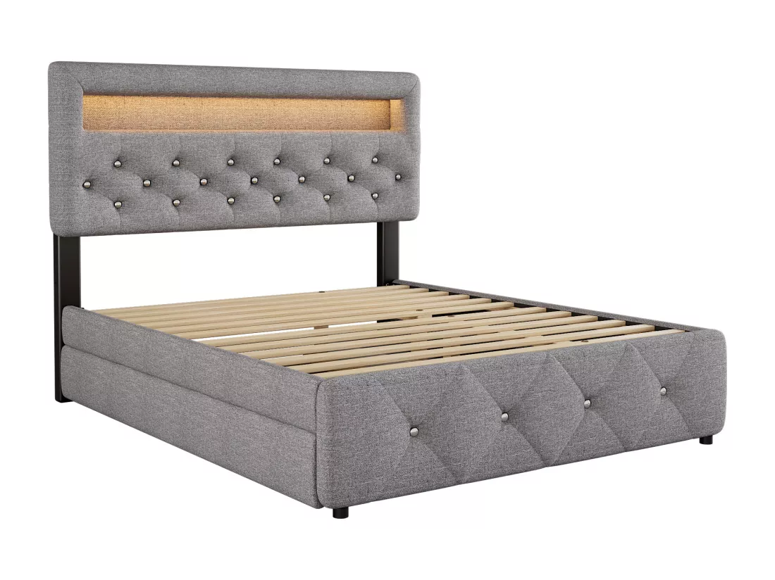 Lit adulte rembourré 140x200cm avec LED - avec un lit gigogne et 2 tiroirs - Tissu en Lin - Gris
